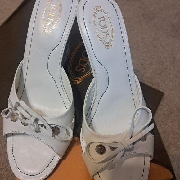 TOD'S High Heel Mules Wedge Sandals White Leather Size US 6.5 EUR Size 37 - Picture 4 of 7